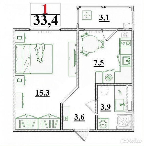 1-к. квартира, 33,4 м², 7/8 эт.