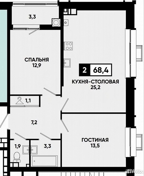 2-к. квартира, 68,4 м², 6/16 эт.
