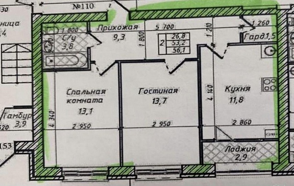 2-к. квартира, 56,1 м², 1/4 эт.